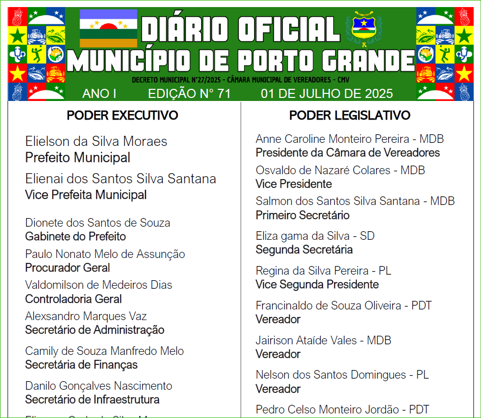 DIÁRIO OFICIAL - EDIÇÃO N° 71 - 01 DE JULHO DE 2025